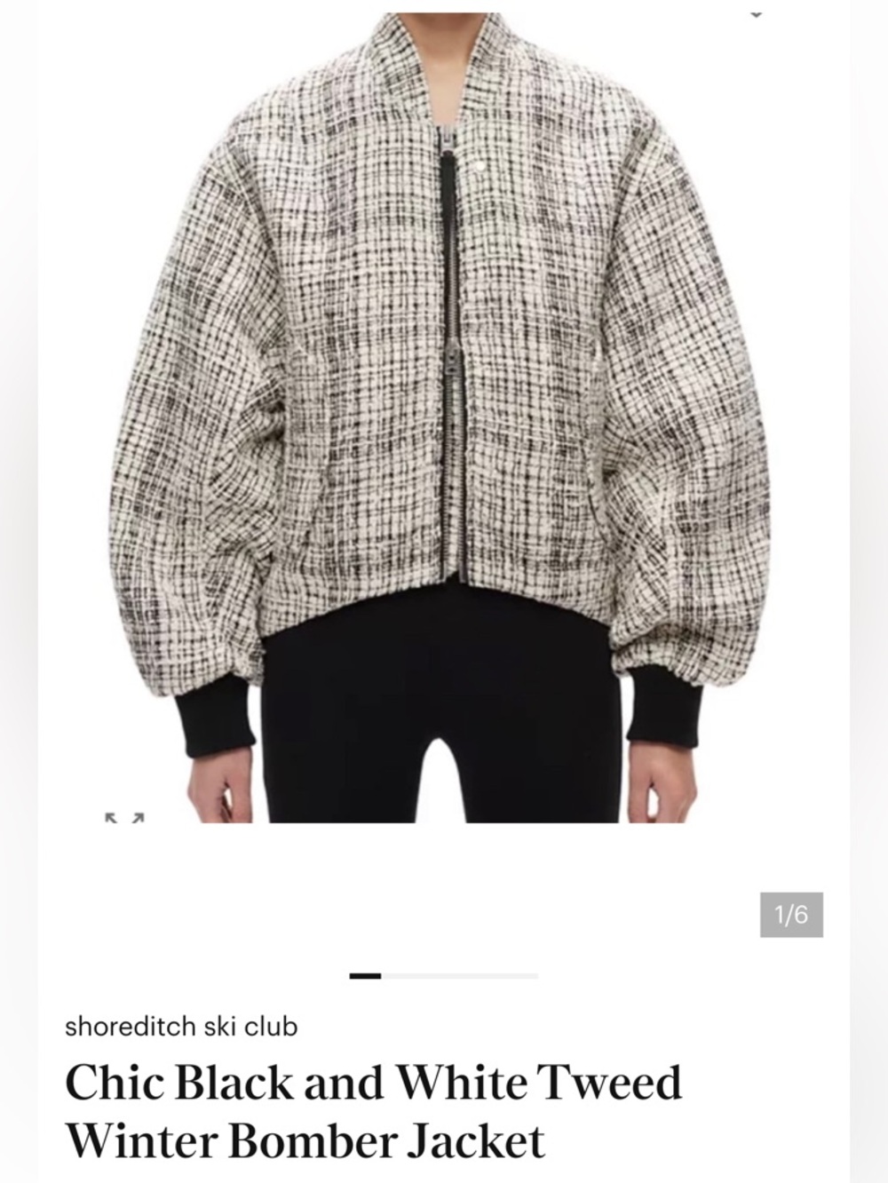 Shoreditch Ski Club Black & White Tweed Bomber Jacket NWT Small.